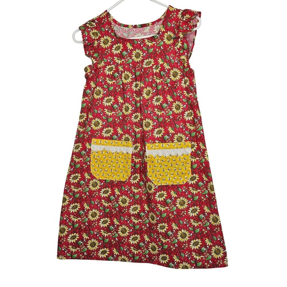 Homemade Floral‎ Sleeveless Sunflower Dress Yellow Bee Pockets Flutter Sleeve 10